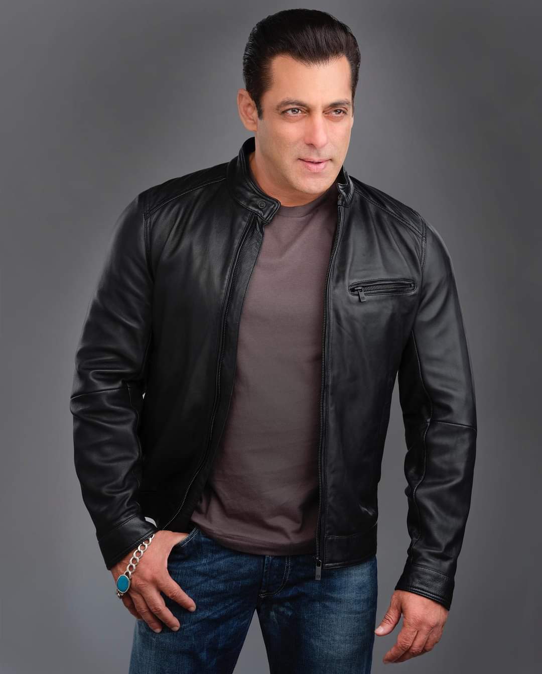 Salman khan in shop black leather jacket