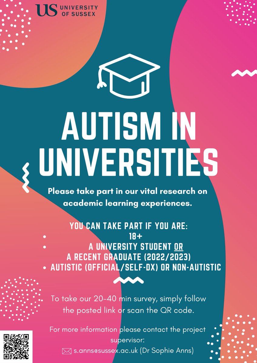 Are you #autistic and a recent university #graduate?

We want to hear about your academic learning experiences so we can reduce barriers for autistic students going forward.

Please complete our survey here: universityofsussex.eu.qualtrics.com/jfe/form/SV_bk…

#graduation #ActuallyAutistic