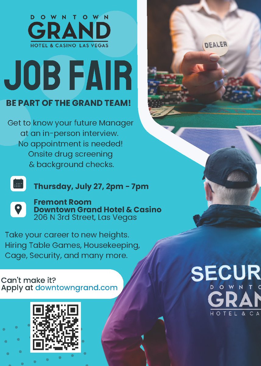 #Jobfair! The <a href="/Downtown_Grand/">Downtown Grand</a> in #DTLV is hiring for positions in table games, housekeeping, cage, security and more! Head to the fair in the Fremont Room on July 27 from 2-7 p.m. Or, apply online at downtowngrand.com.