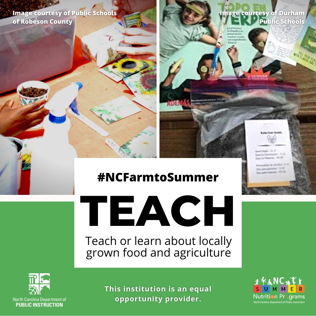 Celebrate #NCFarmtoSummer. Teach or learn about agriculture, nutrition, and locally grown food. Learn more and sign up to take the #NCFarmtoSummerChallenge: bit.ly/3I5noab. Find info on free summer meals for kids and teens: summermeals4nckids.org.