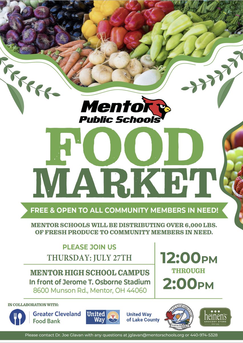 Joe Glavan (@drglavanmhs) on Twitter photo Our new <a href="/mentorschools/">Mentor Schools</a> Food Market will be taking place this Thursday! Please share with anyone who may benefit! To meet the growing demand, we have already expanded the supply of produce by 33% to 8,000 lbs! <a href="/cityofmentor/">City of Mentor</a> <a href="/Heinens/">Heinen's</a> <a href="/UnitedWayLakeCo/">United Way Lake Co.</a> Our new <a href="/mentorschools/">Mentor Schools</a> Food Market will be taking place this Thursday! Please share with anyone who may benefit! To meet the growing demand, we have already expanded the supply of produce by 33% to 8,000 lbs! <a href="/cityofmentor/">City of Mentor</a> <a href="/Heinens/">Heinen's</a> <a href="/UnitedWayLakeCo/">United Way Lake Co.</a>