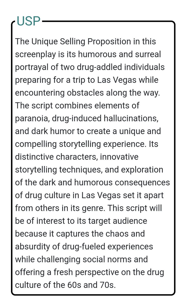 ScriptReaderAI's tweet image. Fear and loathing in Las Vegas was just analyzed by our AI. Let&apos;s look at its unique selling proposition. #screenwriting #ai #scriptcoverage