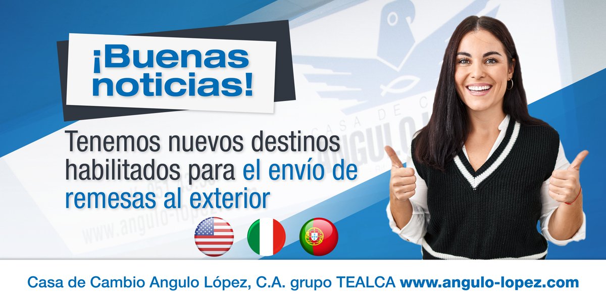 Angulo_Lopez's tweet image. En Casa de Cambio Angulo López, nos esforzamos para acercarte a quienes amas.

Los envíos a estos países serán depositados en las cuentas de personas naturales de forma rápida, legal y segura.

Hasta 1.000 euros diarios
Hasta 4.000 euros mensuales
Hasta 8.500 euros al año

#25Jul