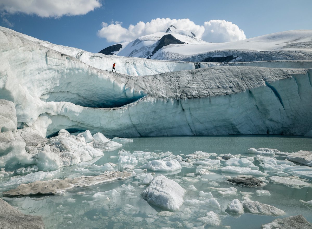 A walk on the wild side, amidst a rapidly-shifting world of ice. Mons Icefield, Banff National Park, June 2023. Climber: Jesse Milner.