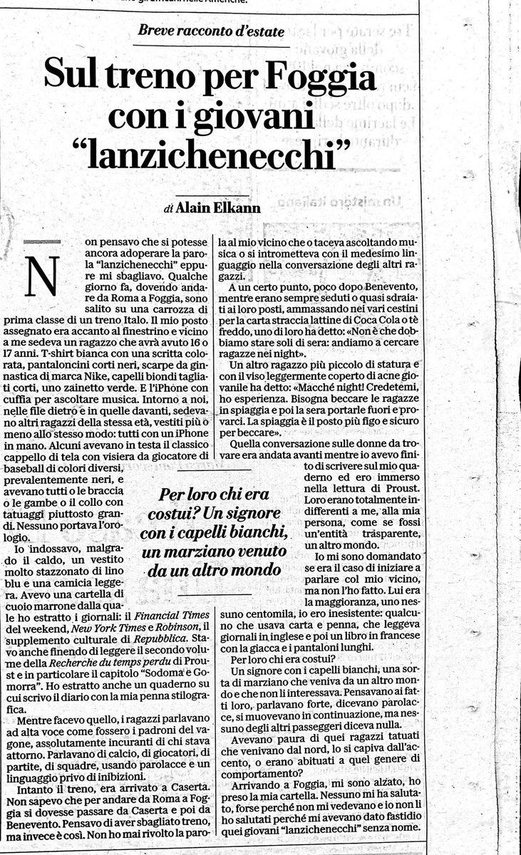 Sottimagazine's tweet photo. Chissà se avessimo chiesto all’AI…🫥 2 colonne a tema “treno per Foggia, lino blu, Proust”#Elkann https://t.co/V8ZgjanAv2