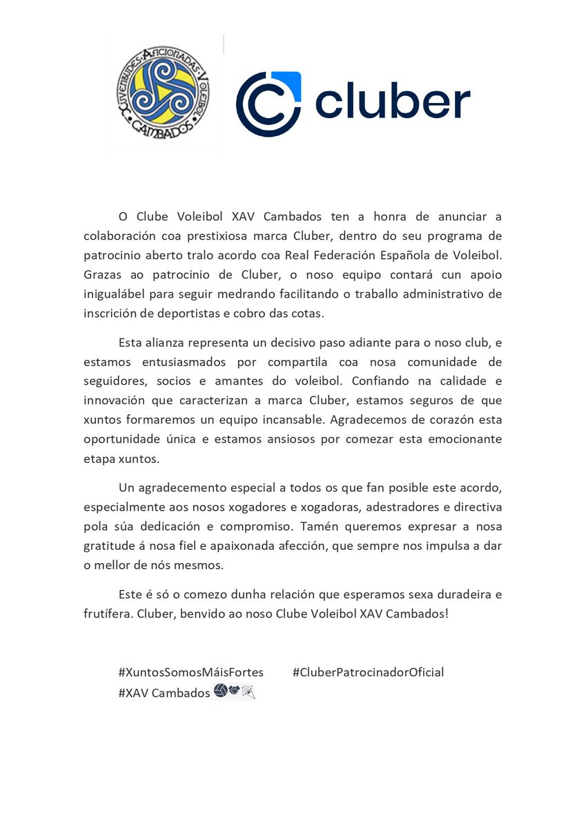 Novo patrocinio de Cluber para o Clube Voleibol XAV Cambados.