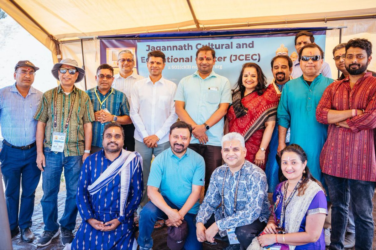 MoSarkar5T's tweet photo. An Odisha delegation led by Electronics &amp; IT Minister Shri @btushar02 in the USA laid foundation for a grand Jagannath Temple in the Silicon Valley. Development Commissioner @_anugarg, Secy to CM (#5T) VK Pandian &amp; E&amp;IT Principal Secy @manojmishrasays also attended the programme https://t.co/z7GirXifay