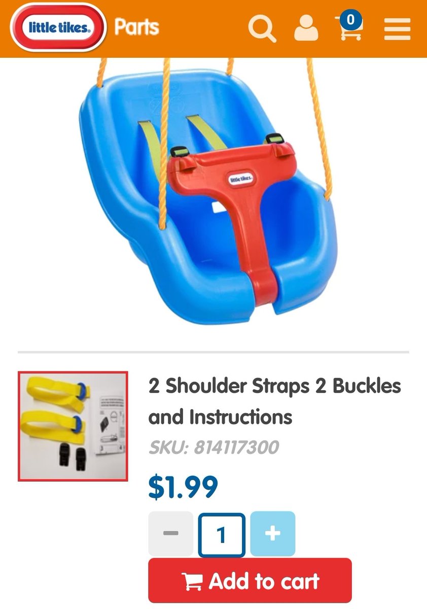 Marra_C's tweet photo. When you're just trying to replace your baby's shoulder straps because they're broken and @LittleTikes wants to charge $20 for a $2 item 😞 guess Elise isn't swinging 💔 https://t.co/ILg3YXGcbB