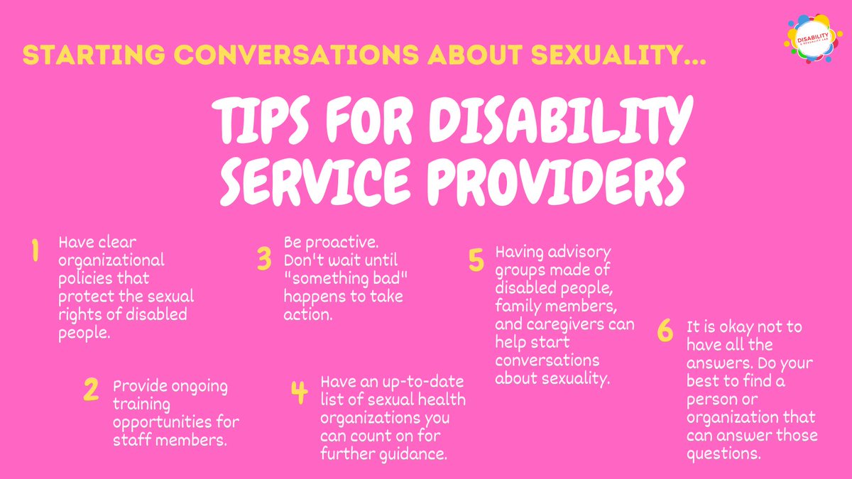 DisSex_Lab's tweet photo. As service providers, it is crucial to protect the sexual rights of people with disabilities. Today, we provide tips for starting conversations about sexuality within your organization. Of course, you can also count on us for further support. #ServiceProvision #DisabilityAndSex https://t.co/GbRmxp4ViZ