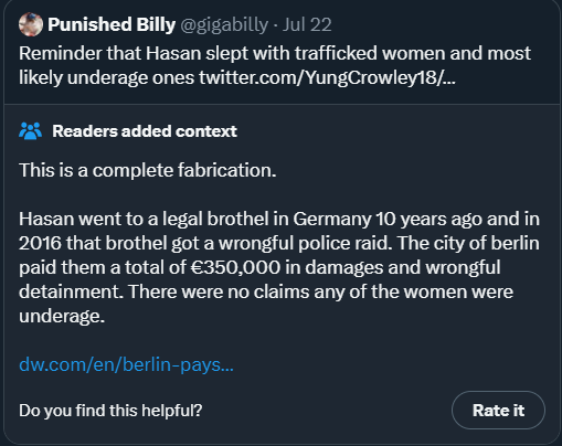 This community note perfectly summarizes any online discourse related to Hasan on twitter. 
The original tweet got 16K likes because the truth doesn't matter.