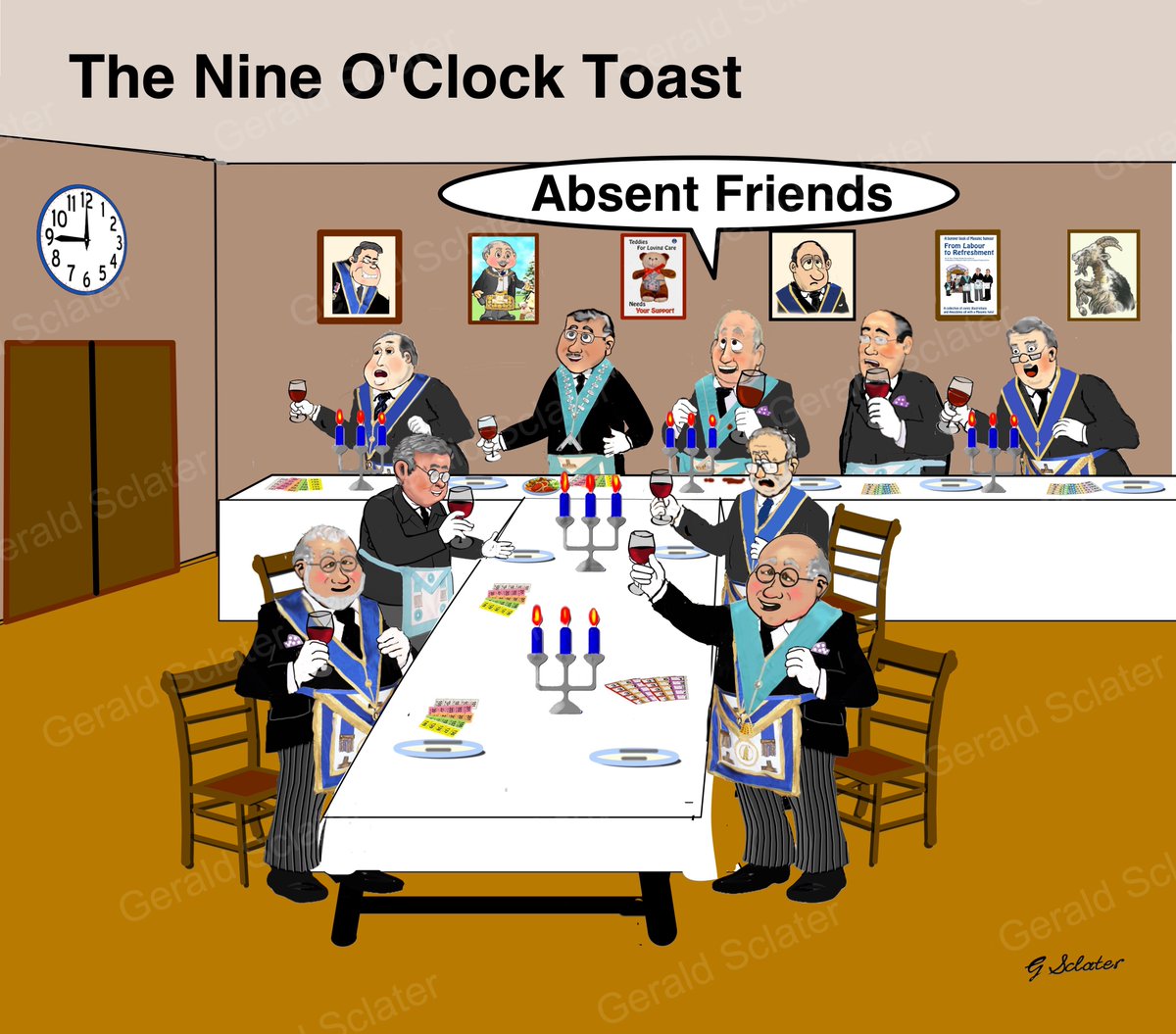 Shall we think of absent brethren, and take this draught of wine, and hope that they do likewise, at the very stroke of nine?