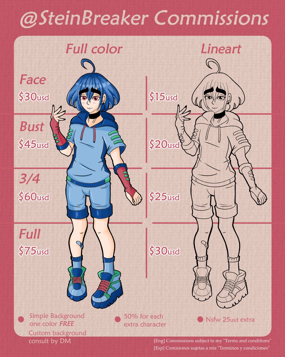 BreakerStein's tweet photo. ¡Hola! Soy Stein Breaker, arquitecto, ilustrador y artista. También soy Vtuber en stream y creador de contenido en redes.
Aquí tienes una lista simplificada de los servicios más cotizados y sus precios:
#characterdesign #streaming #amotes #banners #Vtuber https://t.co/MlrQ0Cnv6m