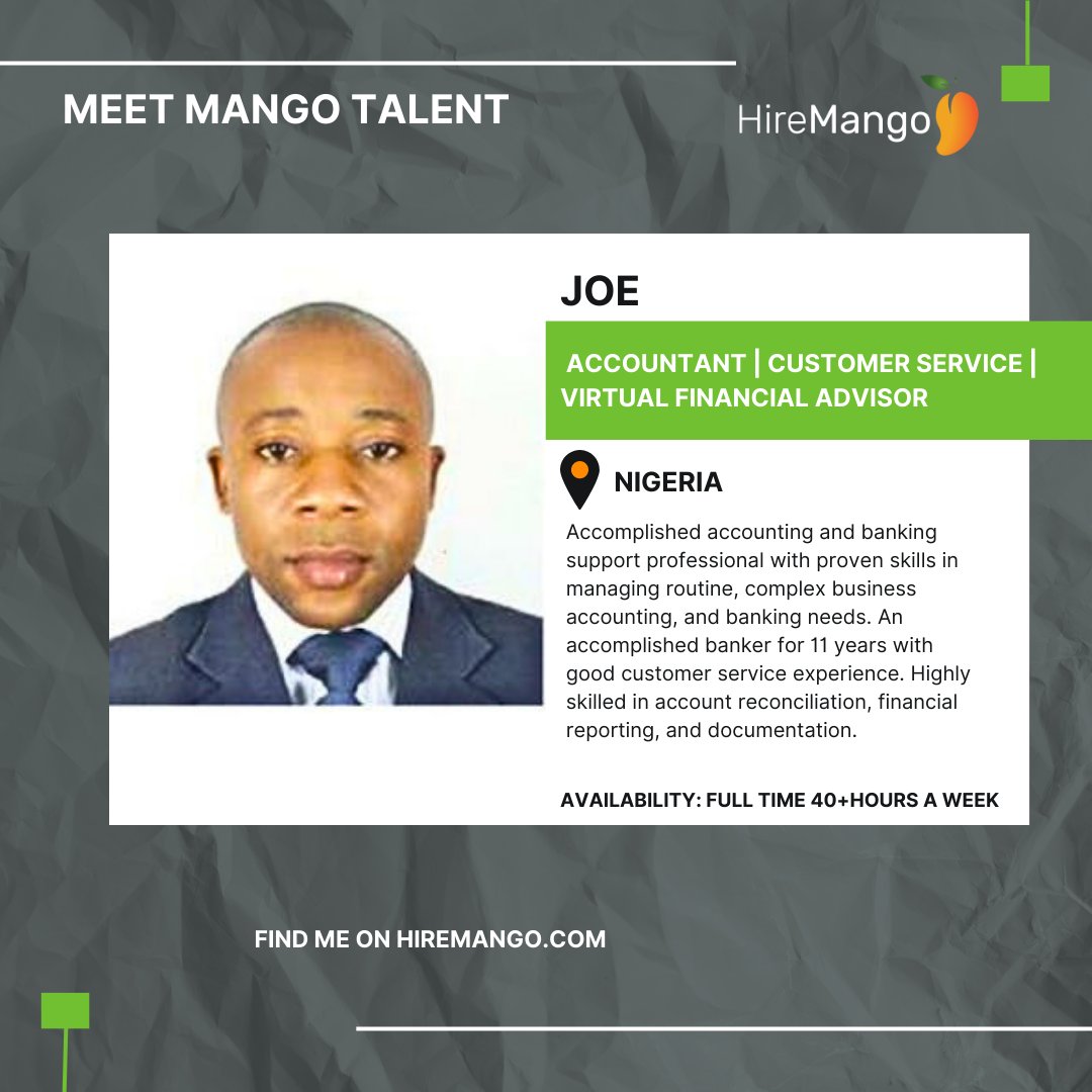 HireMango's tweet photo. Meet #MangoTalent Joe.

He has 11+  years of experience and proven skills in managing routine, complex business accounting, and banking needs.

What a great addition he could be to your business!

Learn more about his unique skills and capabilities here: https://t.co/WRIen0loyI https://t.co/9f8hMGM1X6