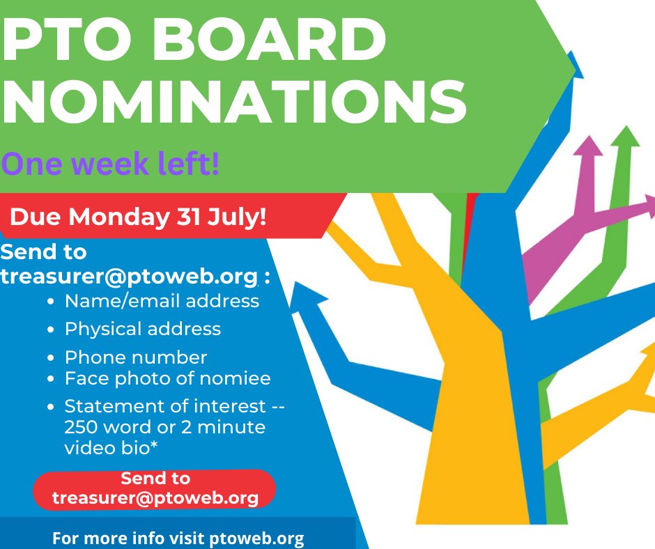 One  week left to nominate yourself to run for the PTO Board! Send a  statement of interest (250 words or 2 min video), a photo, name, address, email, and phone to treasurer@ptoweb.org  to nominate yourself. Find out more about being a board member at ptoweb.org/aboutpto/board…