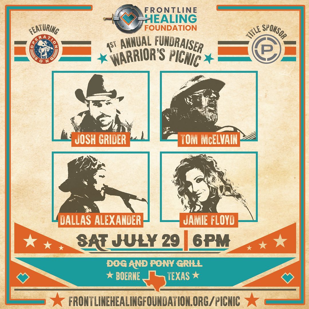 Join for the 1ST ANNUAL Warrior’s Picnic FUNDRAISER on Saturday, July 29, 2023, at Dog & Pony Grill, Boerne, Texas. Frontline Healing Foundation is partnering with Operation Song to bring you a night to remember! Get Tickets now: frontlinehealingfoundation.org/picnic Doors open at 5:30pm!