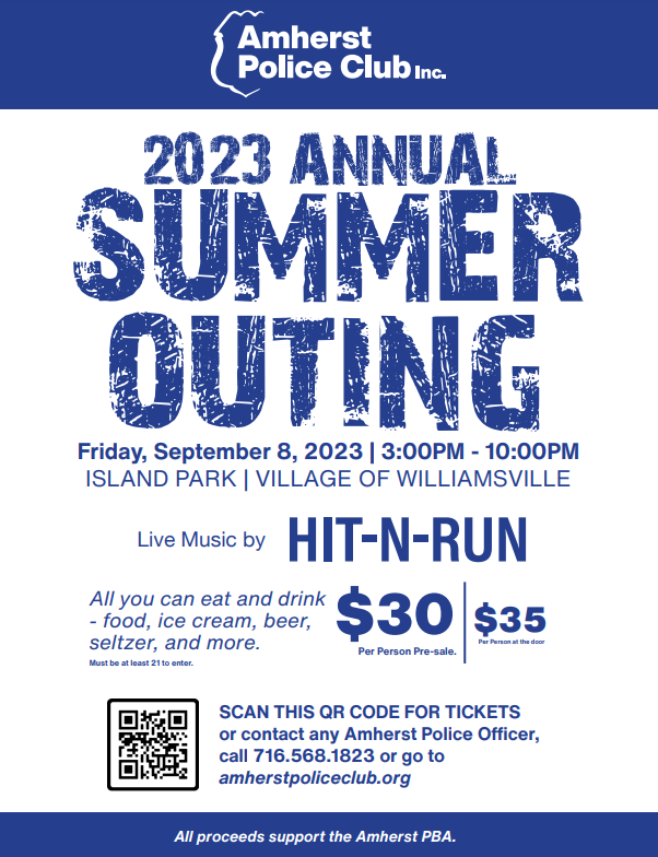 amherstpoliceny's tweet image. 2023 Amherst Police Club, Inc. annual Summer Outing

Friday, September 8, 2023
Island Park, Williamville
3-10 pm