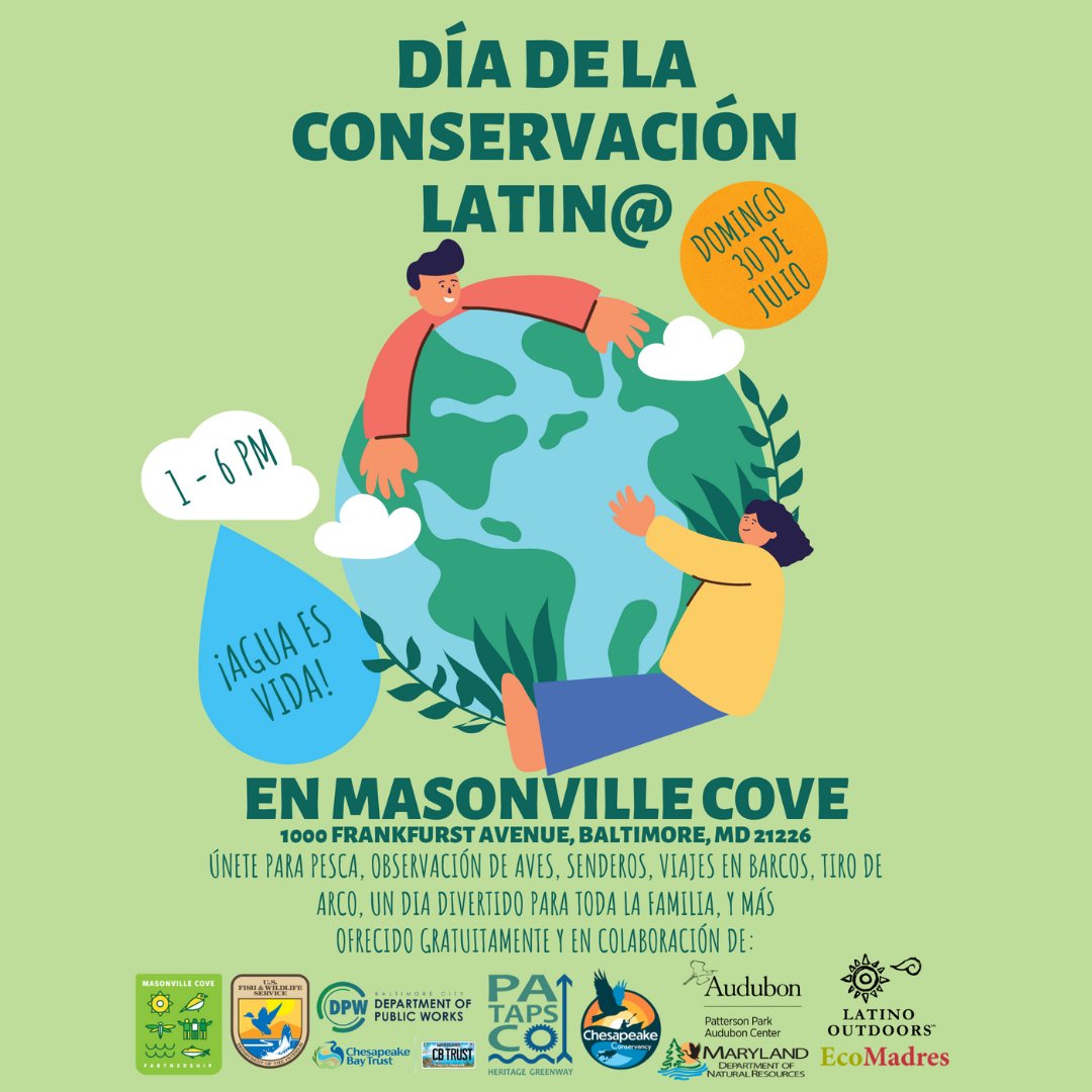 PHG will be at Masonville Cove on July 30th for Latin@ Conservation Day!

Learn more about the event here: ow.ly/a5Hb50PjKYf

Participants will enjoy a 45 minute boat tour of the Patapsco River from Masonville Cove.

Register for the boat tour here: ow.ly/SWPt50PjKYc