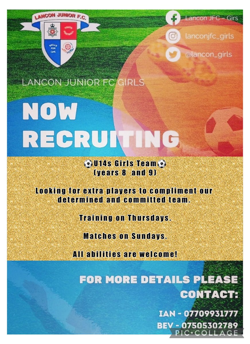 ⚽️Players wanted⚽️
 
For our u14s girls team.
(years 8 & 9 from september).

All abilities welcome!

Friendly and enthusiastic group of players.
Qualified and experienced coaches.
@JfcLancon
@PdplGirls
@charleyy_96
#lanconforlife