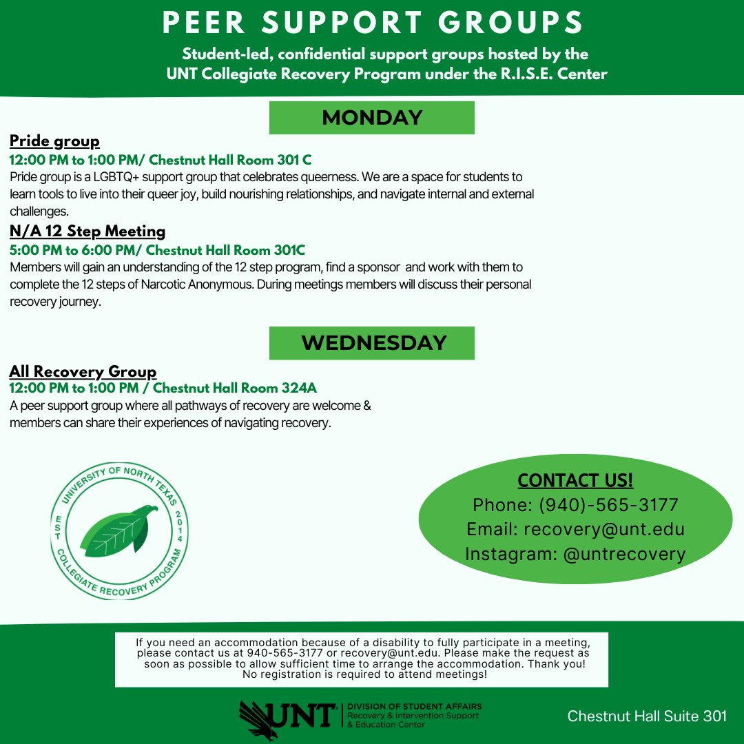 Our Peer Support Groups are back! We will be hosting three groups this Fall: Pride, N/A 12-Step, and All Recovery. Groups will start the week of August 28th, 2023. If you have any questions please reach out to us with the contact information on the flyer, hope to see you there!💚