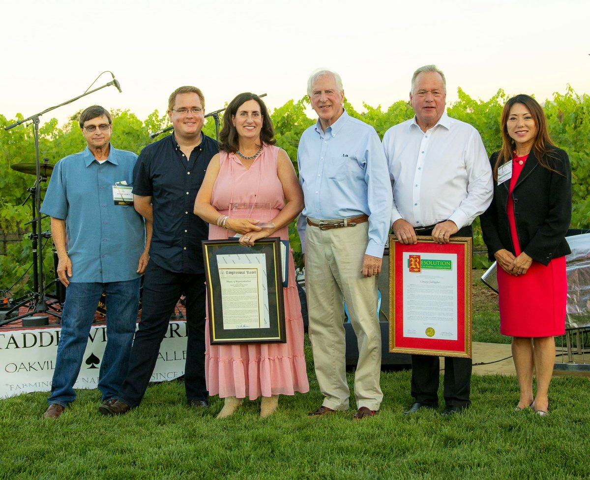Visit Napa Valley President &amp; CEO Linsey Gallagher receiving the 2023 Napa Valley Friend of Agriculture award last Friday evening with CEO Ryan Klobas, Congressman Mike Thompson, California State Treasurer Fiona Ma, Senator Bill Dodd and President Peter Nissen #napavalley