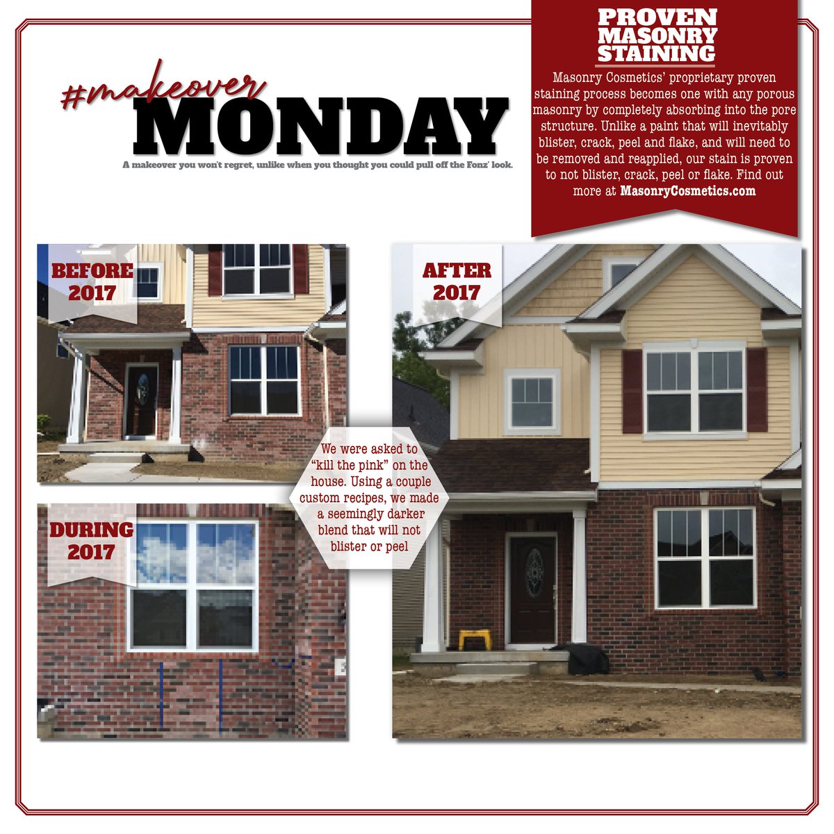 Off-colored runs of brick don't need to forever ruin the look of a house. Using a custom recipe, we were able to make a seamless blend that will keep the brick maintenance-free. Learn more about our stains: masonrycosmetics.com/?utm_campaign=…
#HomeMakeover #BrickStain #MasonryStrong 😎