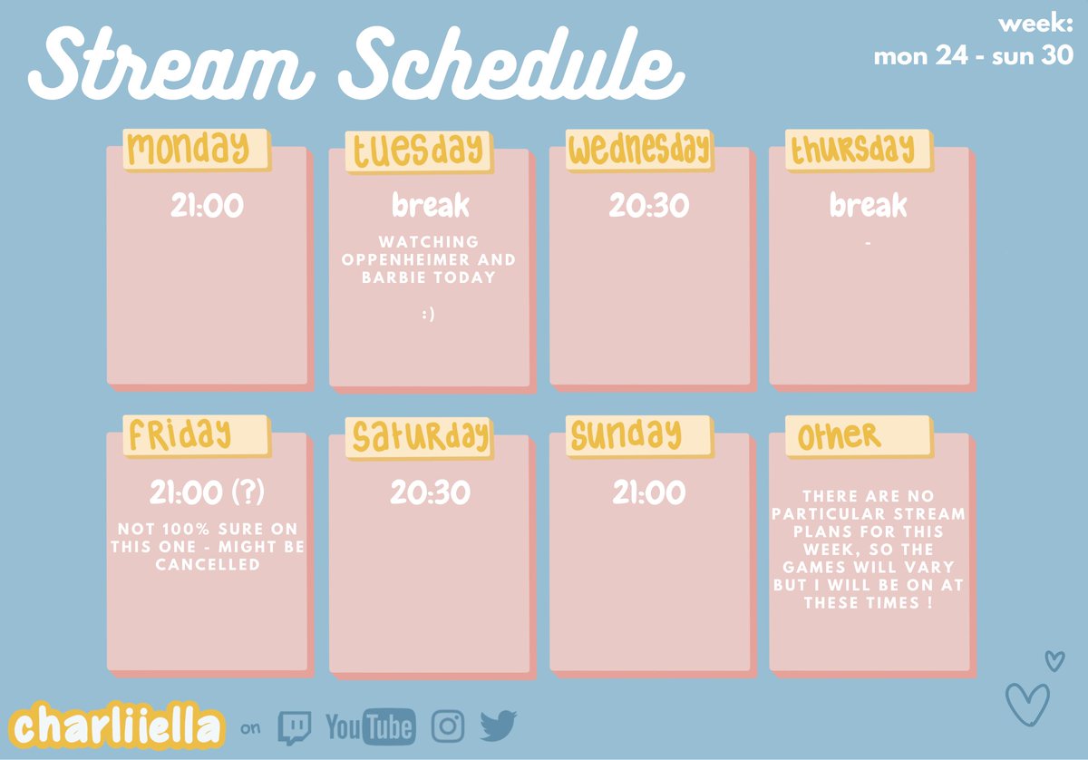 Didn't plan ahead so nothing in particular planned, if something does get decided I'll share it over here!
twitch.tv/charliiella