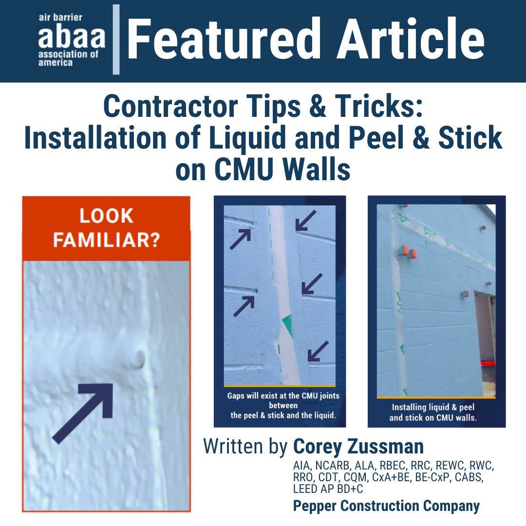 Check out our article of the week: Contractor Tips &amp; Tricks on Installation of Liquid and Peel &amp; Stick on CMU Walls. Click the link below to read:

ow.ly/HrB550Pe9uR

#airbarrierassociation #contractors #airbarrier #tipstricks
