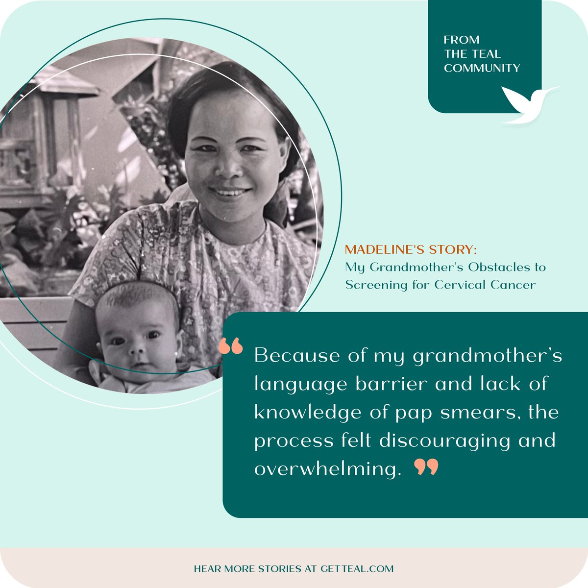 Navigating language barriers and mistrust in the medical community are main reasons why women don't seek medical attention for cervical cancer until it's too late. Today, we're sharing Madeline's story about her late grandmother, Yom “Noy” Chanhom Cross: getteal.com/post/madelines…