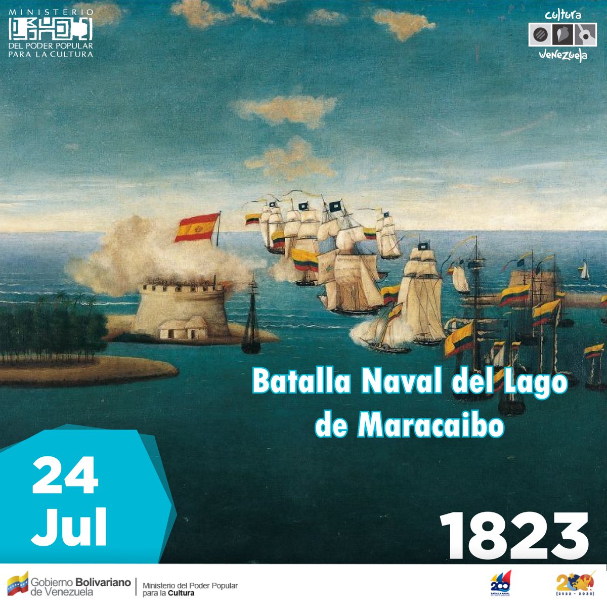 ✨El 24 de julio de 1823, se libra la Batalla Naval del Lago de Maracaibo, hecho que definitivamente sella la Independencia de Venezuela, ya que después de la gloriosa Batalla de Carabobo 

Bicentenario de la Batalla Naval del Lago de Maracaibo. ⚔️🚢⚓

#BatallaNaval200