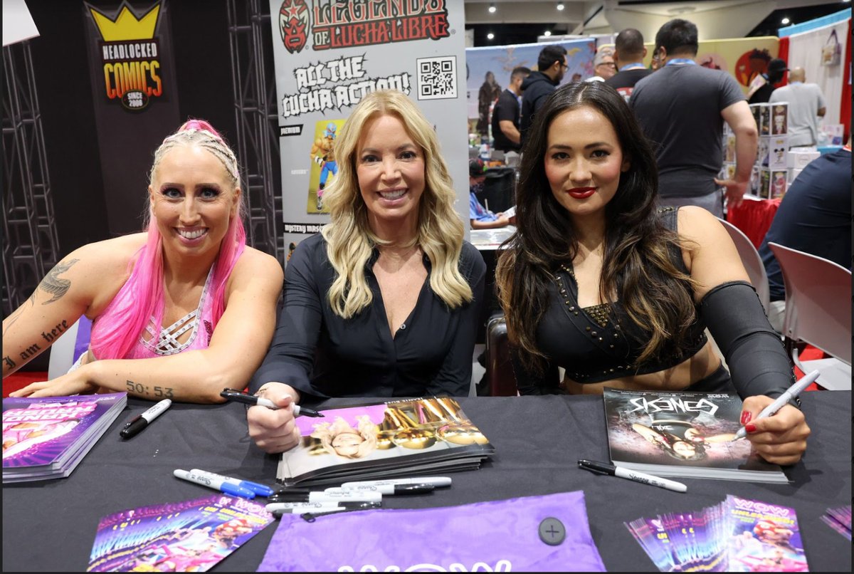 WWTalkPod's tweet photo. WOW - Women Of Wrestlingโs @wowsuperheroes
@KandiKrush_WOW @JeanieBuss & @genesis_wowe sign autographs over
@HeadlockedComic this past weekend at San Diego Comic-Con. @Comic_Con
#WOWSuperheroes #WOW #SanDiegoComicCon #ComicCon #ComicCon2023 #wwtalkpod https://t.co/a1RI3HoHTU