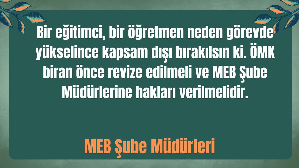 Mehmetnurielci1's tweet photo. MEB Şube Müdürleri kıdem yıllarına göre Uzman ve Baş Öğretmenlik unvanlarını almak istiyorlar. Bu kanun ile eğitimin liderleri üvey evlat muamelesi görmektedirler.
#MebSubeMudurleri
@RTErdogan
@Yusuf__Tekin
@memetsimsek
@cftcblnt
@_aliyalcin_ https://t.co/1QBO7tGBTy
