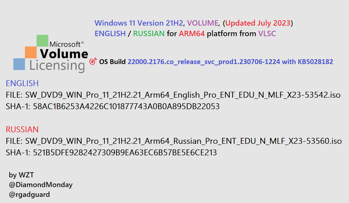 WZorNET's tweet photo. 😻📢We added 2 NEW ISO from #VLSC https://t.co/5x8yH5gpfT #ENGLISH/#RUSSIAN, (#UpdatedJuly2023), Windows 11 Version #21H2 CLIENT #BUSINESS for ARM64❗️, #VOLUME to WZT cloud👨💻👉https://t.co/zLq1Mf0ehN
🎯OS Build /22000.2176.co_release_svc_prod1.230706-1224/
👨💻@rgadguard
👁️by W.Z.T https://t.co/hKi4yIhGLJ