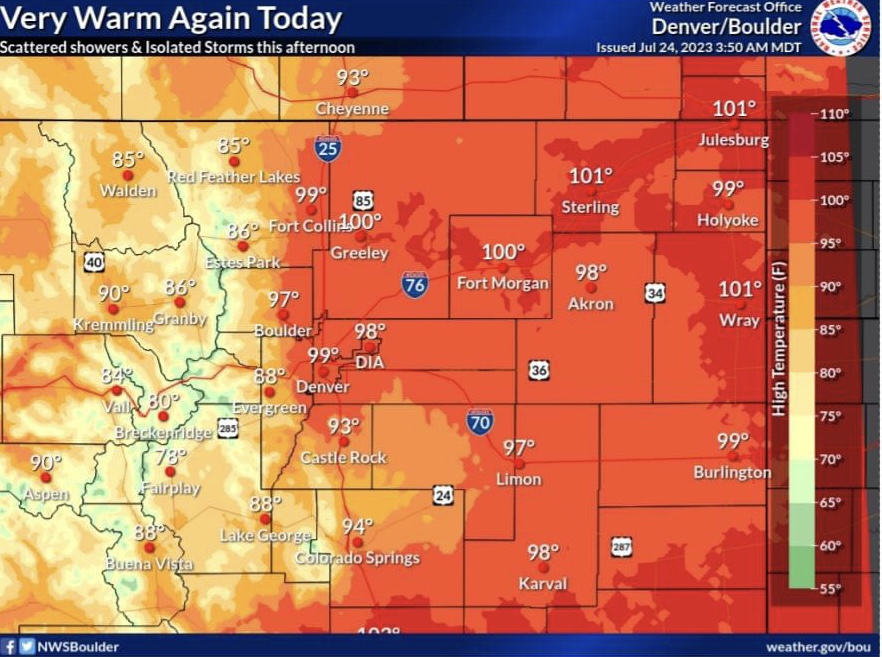 It’s heating up fast in Colorado, and with multiple heat advisories throughout the state today, please take precaution, stay shaded, and keep hydrated. 

https://t.co/pPWfeh6qRD. 

Image from US National Weather Service Denver/ Boulder Colorado https://t.co/gB8WYb7biQ