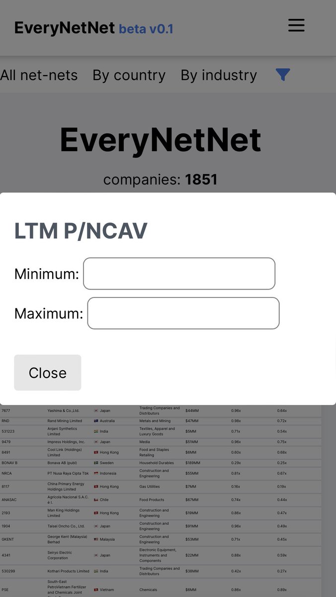 everynetnet's tweet image. New feature rolled out to the dashboard: 

Filtering companies by P/NCAV.

Just select the filter icon on mobile and enter a minimum or maximum P/NCAV!