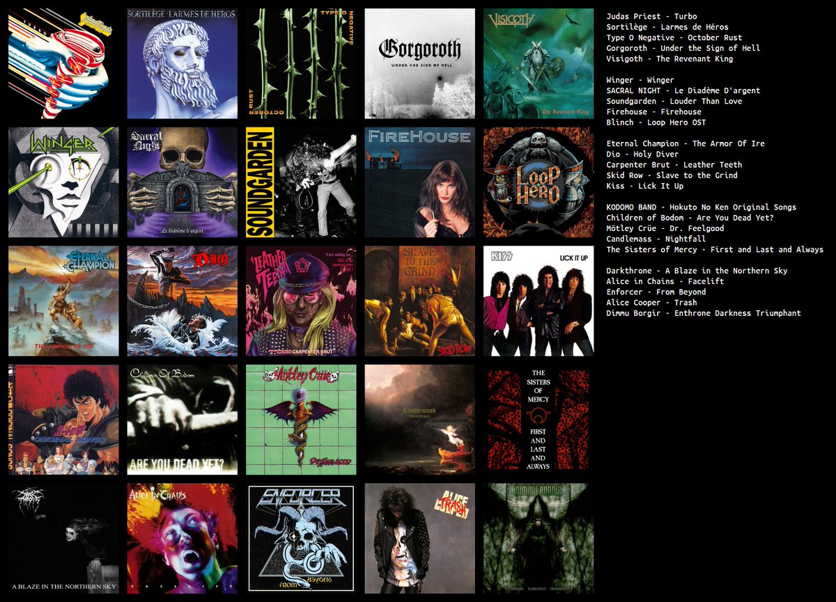Suite aux tags de @Pix_Grinder et @botteur voici la sélection de mes 25 top albums. ça n'a pas été simple, mais je pense que ça me représente bien comme ça😄
Glam et heavy metal sont surreprésentés, un peu de black, un peu de pop culture, un peu de goth, ta daa 👇