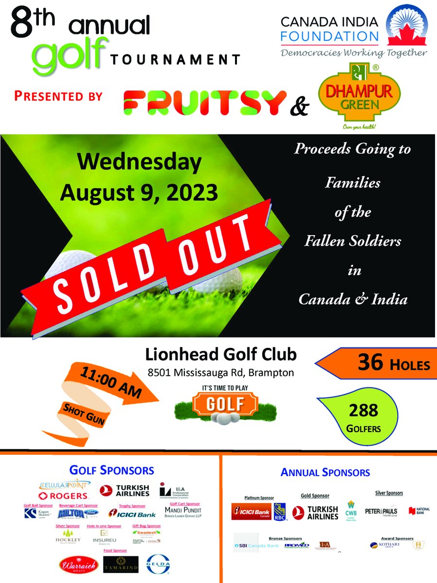 CIF is thrilled to announce that through the support of our sponsors &amp; supporters, 8th Charity Golf Tournament is sold out! Proceeds of tournament will be used to help higher education of children of fallen Soldiers/Frontline workers. Thank you, all golfers, supporters &amp; sponsors