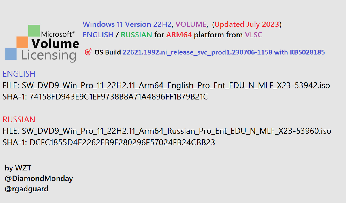 WZorNET's tweet photo. 😻📢We added 2 NEW ISO from #VLSC https://t.co/5x8yH5gpfT #ENGLISH/#RUSSIAN, (#UpdatedJuly2023), Windows 11 Version #22H2 CLIENT #BUSINESS for ARM64❗️, #VOLUME to WZT cloud👨💻👉https://t.co/jN0SIMk8hd
🎯OS Build /22621.1992.ni_release_svc_prod1.230706-1158/
👨💻@rgadguard
👁️by W.Z.T https://t.co/p0jDDHPZAh