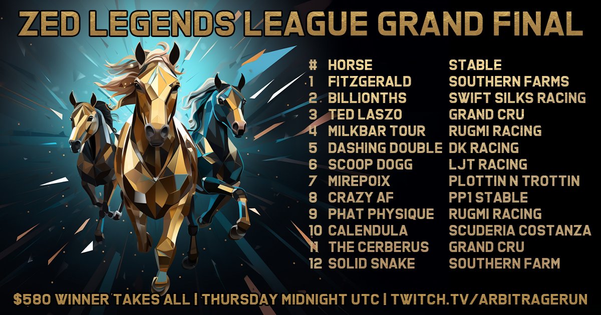 The ZED Legends League Grand Final will run Thursday night at 7:30pm ET @zed_run. Be sure to join us on Twitch to win awesome horse prizes! twitch.tv/arbitragerun Here are our 12 grand finalists: