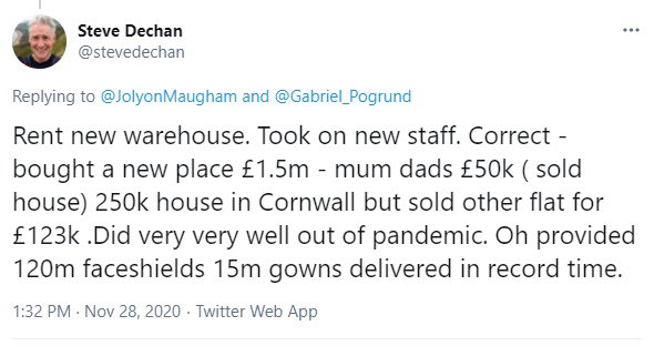 carolvorders's tweet photo. And merely for clarification...here is the local Tory MP @Siobhan_Baillie with the owner of the Stroud PPE company/former local Tory Councillor Steve Dechan, who allegedly donated £7,500 to local Tory party after receiving huge untendered PPE contracts, as mentioned in the news. Dechan has defended his position re the recent articles about tax payments. Here also is his tweet from a while ago where he says he did "very very well out of the pandemic".  The photos attached do not in any way suggest that anything improper politically has taken place.