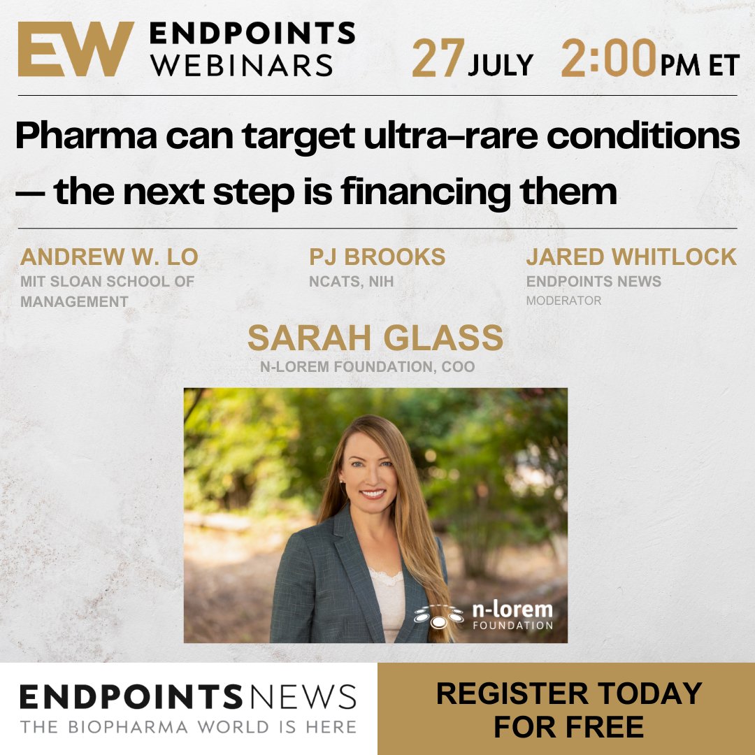 On Thursday, July 27th, n-Lorem Chief Operating Officer, Sarah Glass, joins this panel of experts to discuss financing medicines for nano and ultra-rare conditions. This <a href="/endpts/">Endpoints News</a> Webinar is FREE. Register TODAY!

webinars.endpts.com/pharma-can-tar…