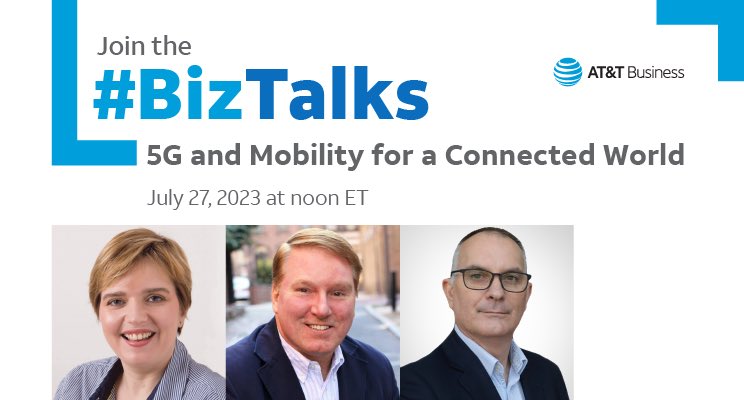 🎟️ You’re Invited! 

JOIN US (@SallyEaves and @DezBlanchfield) for a #TwitterChat about #5G and #mobility 🛜 #BizTalks
 
📆 July 27 ⏰ 9amPT/12pmET

📍RSVP bit.ly/43qjphj

@ATTBusiness
#ATTInfluencer

➡️ #IoT #Sustainability #SmartCity #HealthTech #TechForGood #ad