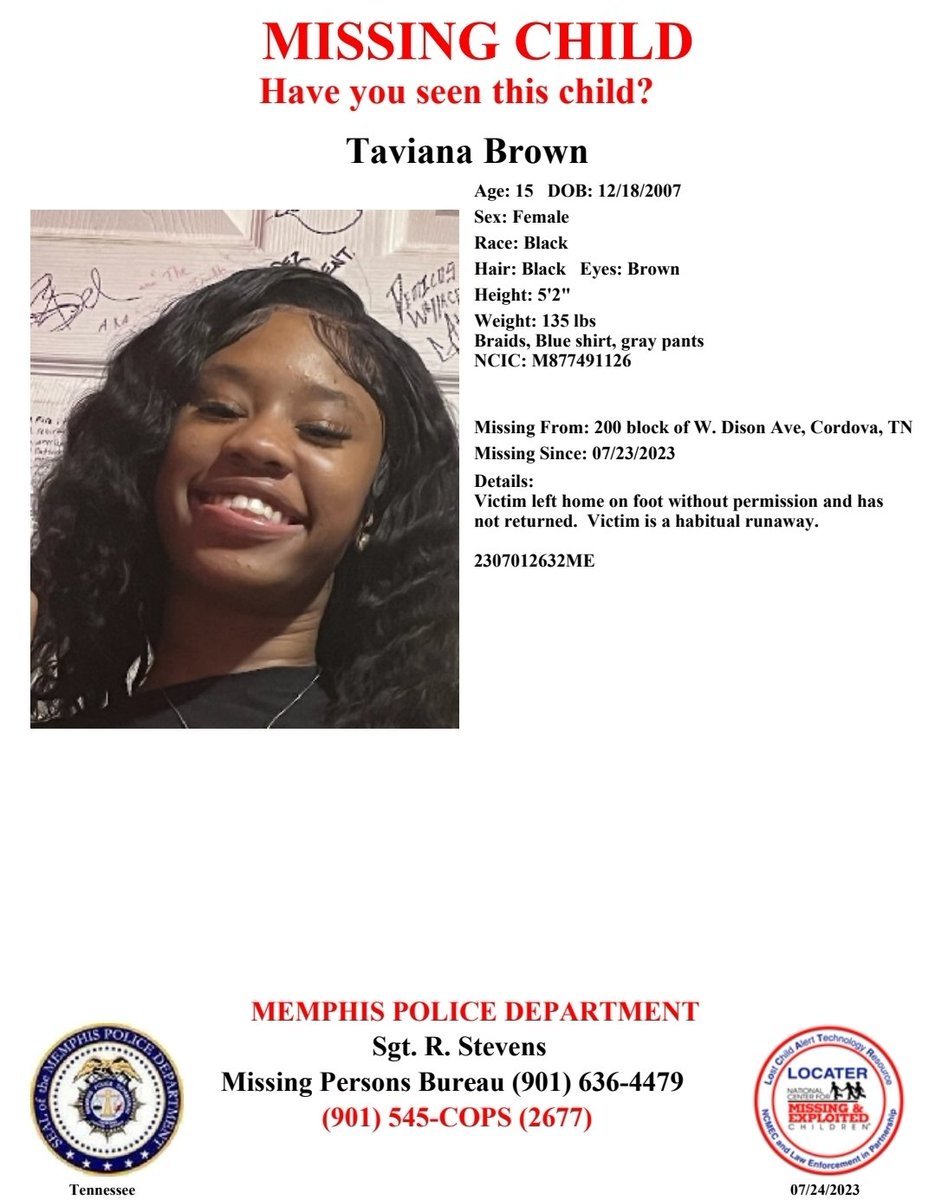 Have you seen Taviana Brown?
Victim left home on foot without permission and has not returned. Victim is a habitual runaway.
Report #2307012632ME
