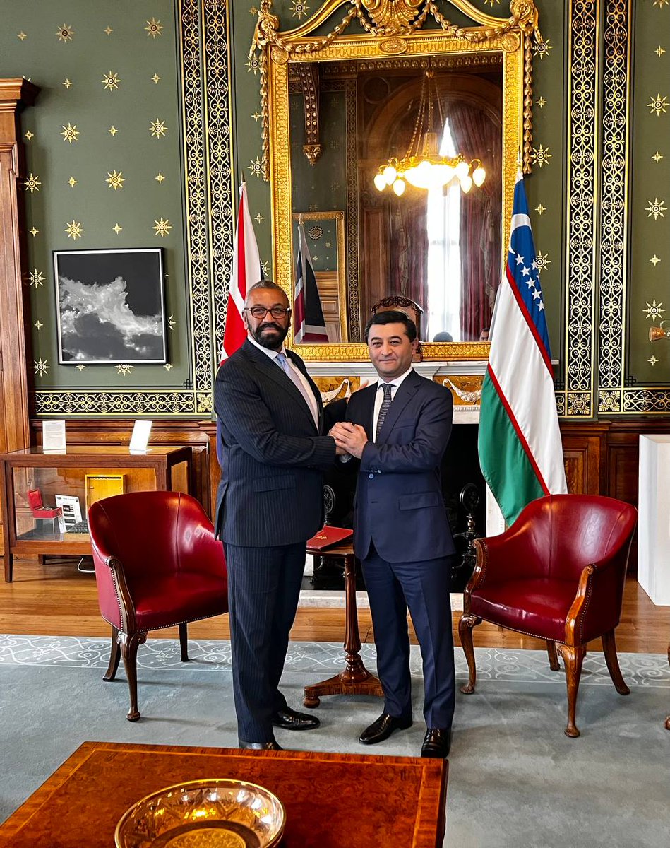 Pleased to meet H.E. <a href="/JamesCleverly/">James Cleverly🇬🇧</a>, Foreign Secretary <a href="/FCDOGovUK/">Foreign, Commonwealth & Development Office</a> and MP for #Braintree. We had a comprehensive exchange on the growing agenda of #Uzbekistan - #UK cooperation in many dimensions, including diplomacy, education, economics, culture, people-to-people ties, and more.