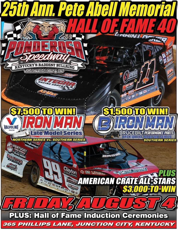 tilleyracing's tweet photo. 25th Annual Pete Abell Memorial 
Ponderosa Speedway Friday August 4
$7,500 to win @Valvoline Late Models 
$1,500 Brucebilt Modifieds 
$3,000 American Crate All Stars 

PLUS Hall of Fame Induction Ceremonies 
Drivers:
Bobby Carrier, Sr.
Eddie Carrier, Sr.
Mike Jewell
C.J. Rayburn
Timmy Yeager
Paul “Big Daddy” Feistritzer

Contributors:
Wayne & Ann Bowen
Jeff Gullett
Donnie & Archie Coffman