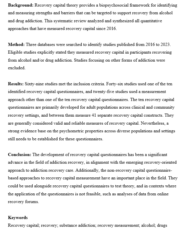 “Measuring recovery capital for people recovering from alcohol and drug addiction: A systematic review” by <a href="/AdelaBunaciu/">Adela Bunaciu</a>, <a href="/a_mBliuc/">Ana-Maria Bliuc</a>, <a href="/DavidBe25428272/">David Best</a>, <a href="/EmilyAHennessy/">Emily A Hennessy</a>, Matthew Belanger, &amp; <a href="/ChrisSYBenwell/">Chris Benwell</a> #accepted