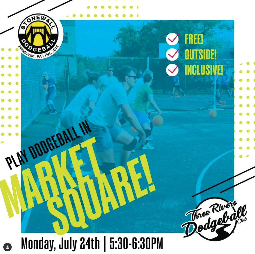 DowntownPitt's tweet image. TONIGHT - Dodge, duck, dip, dive and dodge in Market Square with Three Rivers Dodgeball &amp;amp; Stonewall Sports Pittsburgh 🏐 🤾‍♂️ After, grab drinks &amp;amp; play games at Barcadia! 

Learn more: buff.ly/3OppoPc 

#MoveItMonday #DowntownPittsburgh #MarketSquare