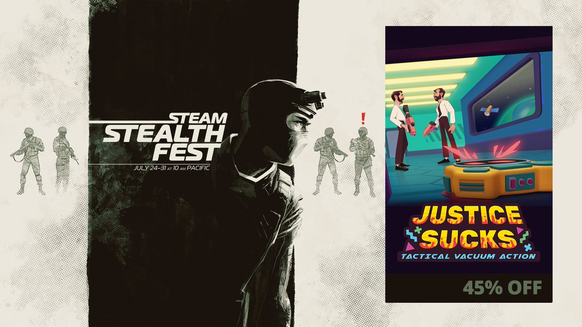 Dusty's going stealth and this time, he's not just sucking up dust, he's also sucking up prices! 🤖 💨 💰

Join the robot vacuum vengeance quest in JUSTICE SUCKS: Tactical Vacuum Action with 45% off from July 24-31 during the #SteamStealthFest 🔥 — store.steampowered.com/app/856890/JUS…