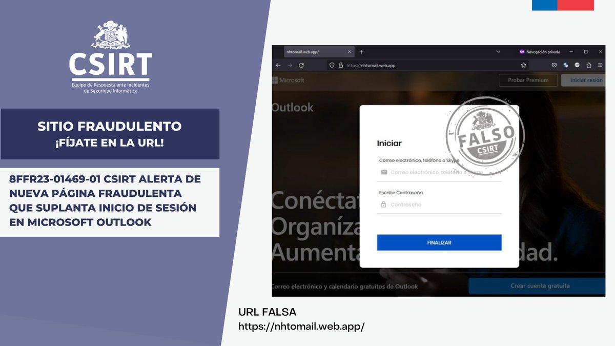 ⚠️ ¡Atención! Informamos de la activación de un sitio fraudulento que suplanta inicio de sesión en #MicrosoftOutlook ¡#NoHagasClick! Los detalles aquí: csirt.gob.cl/alertas/8ffr23… #ciberseguridad #CSIRTGob @subseinterior