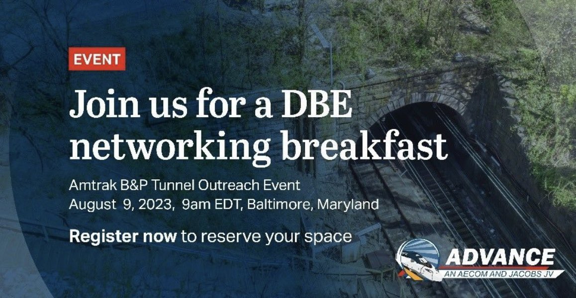 CrystaleWoz's tweet photo. ADVANCE, an AECOM and Jacobs JV, invites you to a DBE Outreach Event for the Amtrak B&amp;P Tunnel program 8/9 @ 9am. Register here: https://t.co/4lTKl5riQK. More about the project: https://t.co/2QebhkHNRh. https://t.co/WeJpvTwBBQ