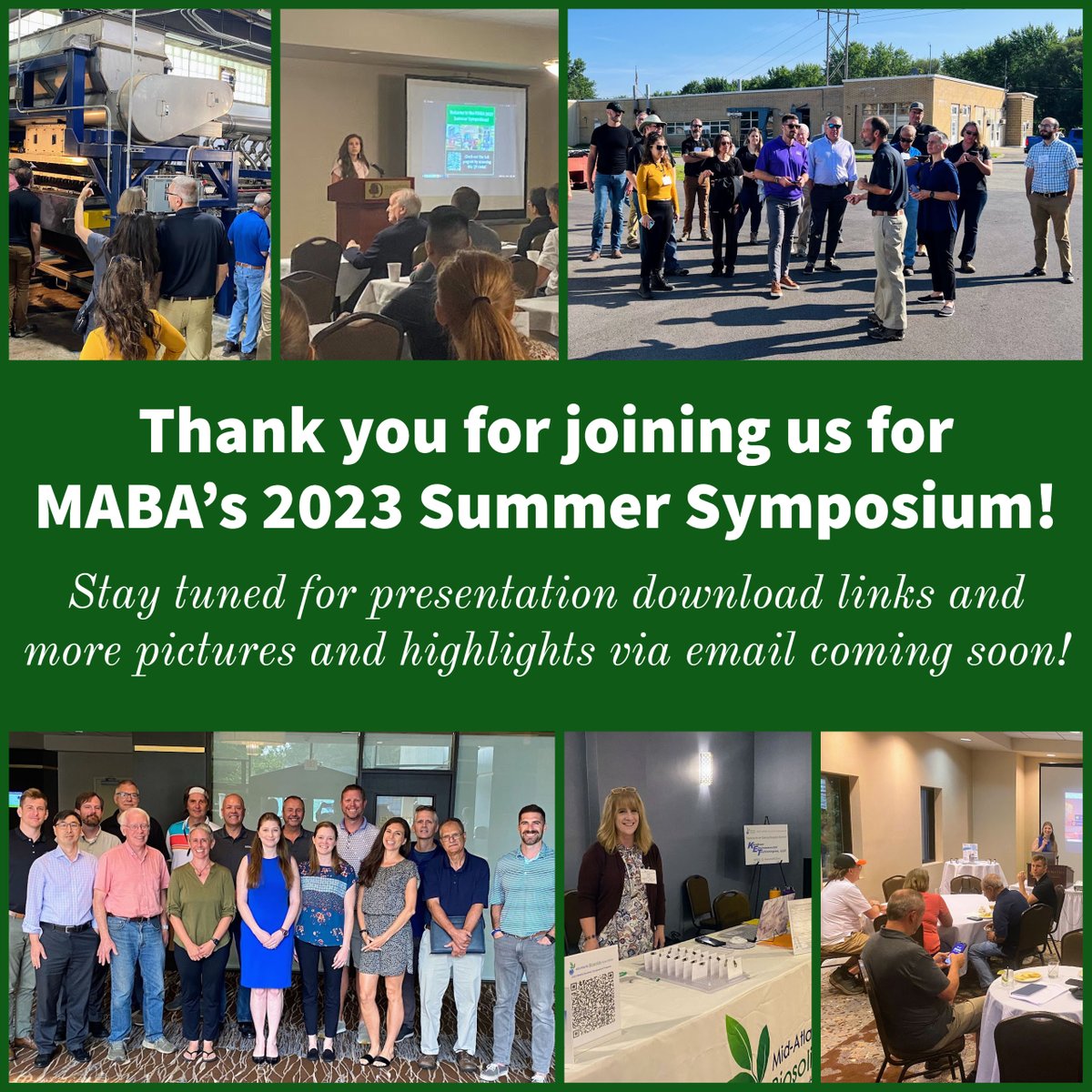 mabiosolids's tweet image. Thanks for joining us at the 2023 Summer Symposium!
Thanks to our speakers, sponsors, exhibitors, and leadership team!
Stay tuned for photos and highlights, and presentation links!
Thanks for being a part of the bright future for biosolids in the region!
#maba23 #maba #biosolids